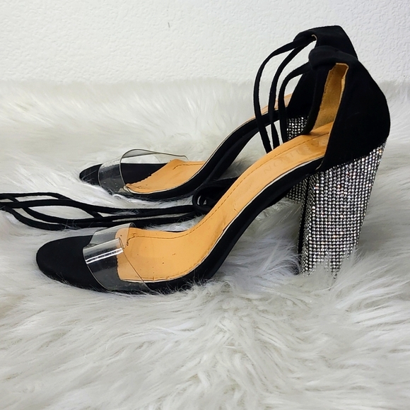 Sexy High Heel Sandals Size 10 White Crystal Embellished Block Heel Ankle Tie - Picture 3 of 7